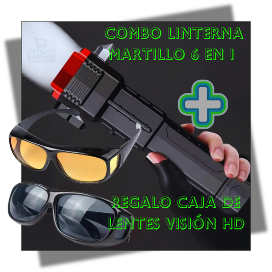 Combo Linterna Martillo 6 en 1 + Regalo caja de lentes vision HD